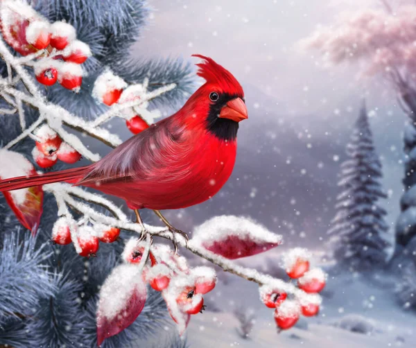 新年的背景下 两只明亮的小鸟栖息在雪白的红莓枝头上 暴风雪 3D渲染 — 图库照片