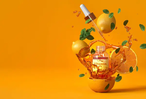 Concepto Médico Científico Botellas Vitamina Voladoras Gotas Gotero Pipeta Naranjas — Foto de Stock