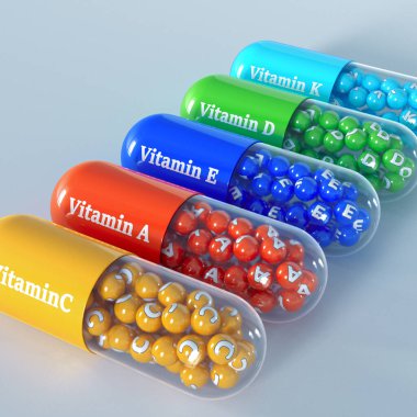 Tıbbi ve bilimsel kavramlar, renkli vitamin kapsülleri, 3D görüntüleme