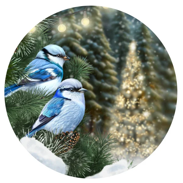 新年的背景 两只明亮的小鸟坐在雪白的红莓枝头上 冷杉树 暴风雪 3D渲染 — 图库照片