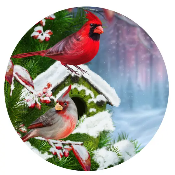 Рождество Новогодний Фон Два Кардинала Птицы Сидят Заснеженной Ветви Красных — стоковое фото