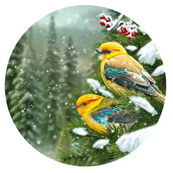 Vánoce Nový Rok Dovolená Pozadí Dvě Jasné Ptáci Sedí Sněhem — Stock fotografie