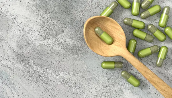 Medical Scientific Concepts Spoon Vitamin Medicine Dietary Supplements Capsules Top — Stock Photo, Image