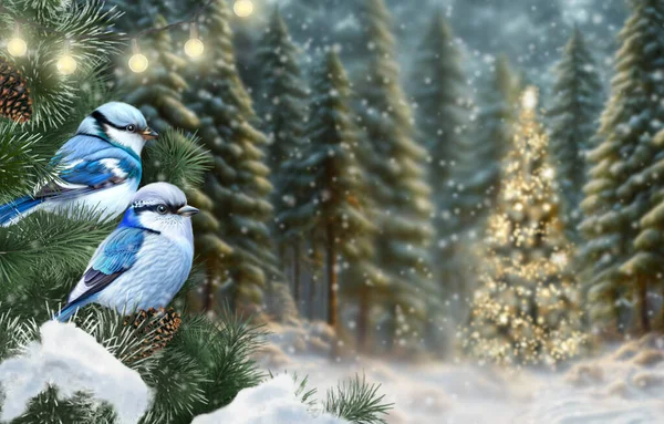 New Year Christmas Winter Background Blue Tit Birds Sitting Snow — 图库照片