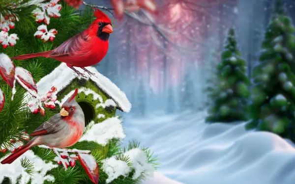 Weihnachten Neujahr Feiertag Hintergrund Zwei Helle Vögel Sitzen Auf Einem — Stockfoto