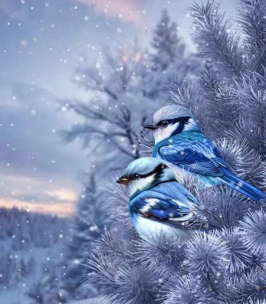 Winter New Year Christmas Background Blue Tit Bird Sitting Snow — Zdjęcie stockowe