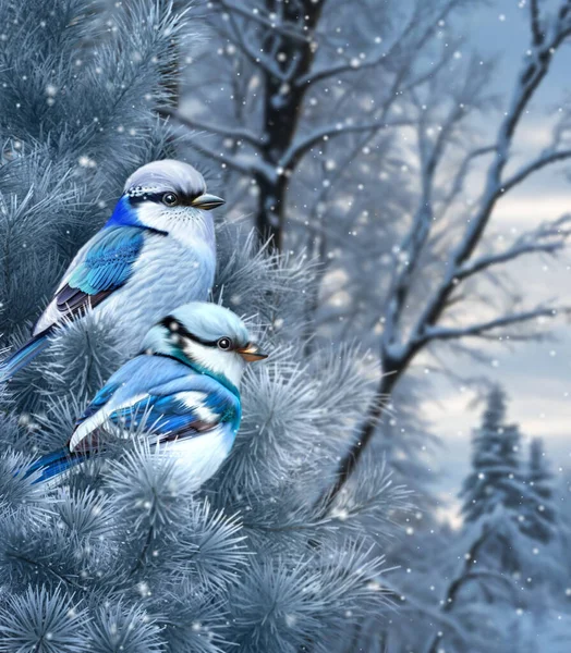 Winter New Year Christmas Background Blue Tit Bird Sitting Snow — 图库照片
