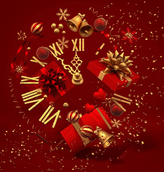 Nieuwjaar Kerstvakantie Achtergrond Rood Goud Kleuren Vliegende Dozen Klokken Ballen — Stockfoto
