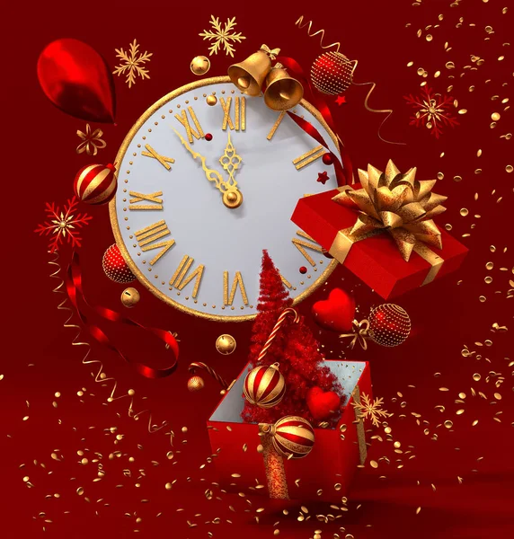 Nouvel Noël Fond Vacances Couleurs Rouge Boîtes Volantes Horloges Boules — Photo