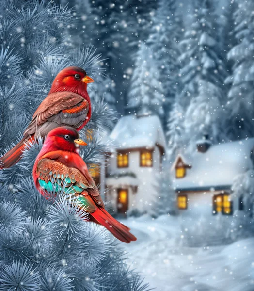 Weihnachten Neujahr Urlaub Hintergrund Zwei Vögel Kardinal Sitzen Auf Einem — Stockfoto