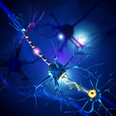 Tıbbi konsept arka plan, nöron, sinir hücresi diğerlerine bağlı, sinir ağları oluşturma, üç boyutlu işleme