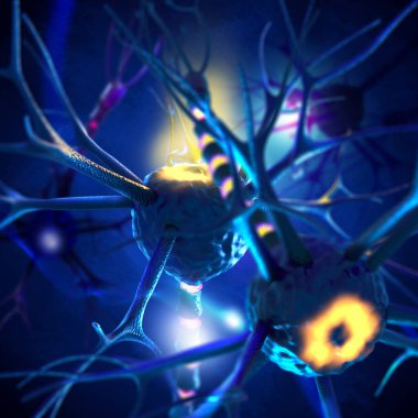 Tıbbi konsept arka plan, nöron, sinir hücresi diğerlerine bağlı, sinir ağları oluşturma, üç boyutlu işleme