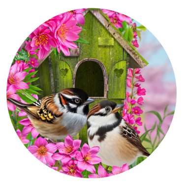 Bahar Paskalya 'nın güzel arka planı, iki serçe kuşu bir kuş evinin yakınındaki çiçek açan pembe sakuranın dallarında oturuyorlar, ilk yeşillik, çuha çiçekleri, yuvarlak şekil, daire, yapay zeka yok.