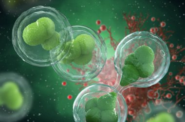 Tıbbi konsept, hastalıklı, kusurlu, kanserli, kötü huylu oluşumlara karşı mücadelede sağlıklı kök hücrelerin bölünmesi,