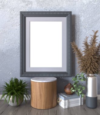 Model, bej, pastel oturma odası. Boho tarzı, eski çerçeveler, yerde baget, tabure, saksıda çiçekler, dekor, 3D tasarım, şablon.