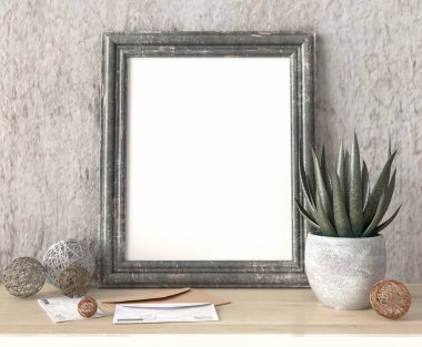 Model, bej, pastel oturma odasının içi İskandinav tarzı, konsolda ahşap eski çerçeve, kaydırak içinde çiçek, dekorasyon, 3D görüntüleme.