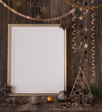 Model, şablon, yeni yıl, eski bir duvarda eski bir Noel çerçevesi tahtadan yapılmış, yanan mumlar, altın dekorlar, geyik, yıldızlar, çömlekteki köknar ağacı, 3D rendeleme