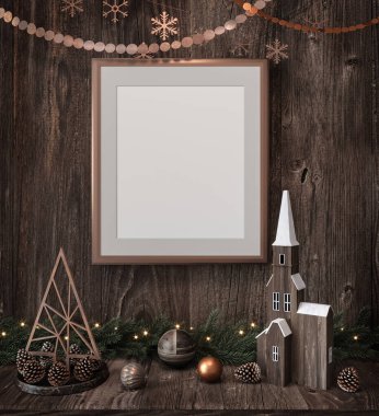 Model, şablon, yeni yıl, eski bir duvarda eski bir Noel çerçevesi tahtadan yapılmış, yanan mumlar, altın dekorlar, geyik, yıldızlar, çömlekteki köknar ağacı, 3D rendeleme