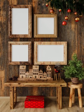 Model, şablon, yeni yıl, eski bir duvarda eski bir Noel çerçevesi tahtadan yapılmış, yanan mumlar, altın dekorlar, geyik, yıldızlar, çömlekteki köknar ağacı, 3D rendeleme