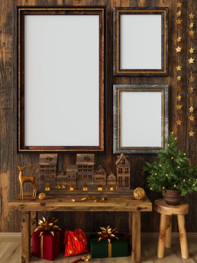 Model, şablon, yeni yıl, eski bir duvarda eski bir Noel çerçevesi tahtadan yapılmış, yanan mumlar, altın dekorlar, geyik, yıldızlar, çömlekteki köknar ağacı, 3D rendeleme
