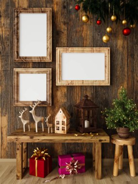 Model, şablon, yeni yıl, eski bir duvarda eski bir Noel çerçevesi tahtadan yapılmış, yanan mumlar, altın dekorlar, geyik, yıldızlar, çömlekteki köknar ağacı, 3D rendeleme