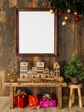 Model, şablon, yeni yıl, eski bir duvarda eski bir Noel çerçevesi tahtadan yapılmış, yanan mumlar, altın dekorlar, geyik, yıldızlar, çömlekteki köknar ağacı, 3D rendeleme