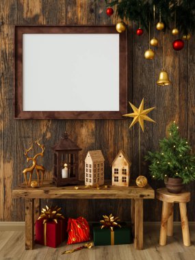 Model, şablon, yeni yıl, eski bir duvarda eski bir Noel çerçevesi tahtadan yapılmış, yanan mumlar, altın dekorlar, geyik, yıldızlar, çömlekteki köknar ağacı, 3D rendeleme