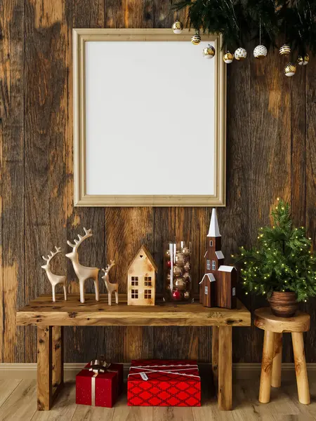Model, şablon, yeni yıl, eski bir duvarda eski bir Noel çerçevesi tahtadan yapılmış, yanan mumlar, altın dekorlar, geyik, yıldızlar, çömlekteki köknar ağacı, 3D rendeleme