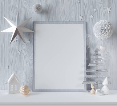 Model, şablon, noel süslemesi, İskandinav tarzı beyaz çerçeve, fotoğraf çerçevesi, poster, parlak altın süslemeler, 3D tasarım.