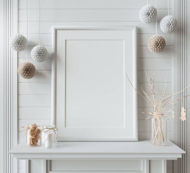 Model, şablon, yılbaşı süslemesi, resim çerçevesi, fotoğraf, poster, altın rengi parlak kağıt köknar ağaçları, çelenkler, 3D