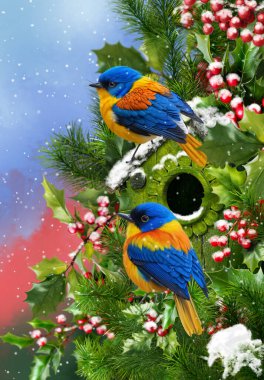 Winter New Year Christmas background, two bright blue-yellow tit birds sitting on a snow-covered spruce, branches of bright red berries, pine forest in the snow, blizzard, snowfall, 3D rendering