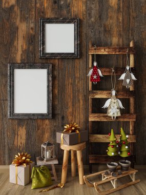 Yeni yıl şablonu, rustik iç mimari çerçeve ahşap mobilya dekorasyonu tabure suni köknar ağacı oyuncakları 3 d