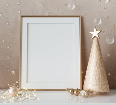 Model, şablon, yılbaşı süslemesi, resim çerçevesi, fotoğraf, poster, altın rengi parlak kağıt köknar ağaçları, çelenkler, 3D