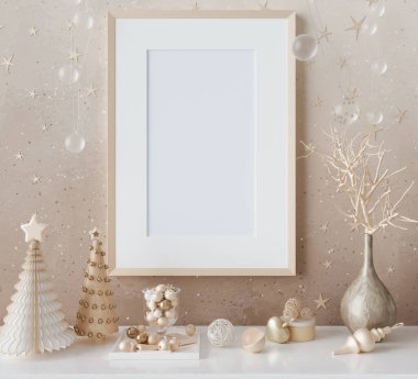 Model, şablon, yılbaşı süslemesi, resim çerçevesi, fotoğraf, poster, altın rengi parlak kağıt köknar ağaçları, çelenkler, 3D