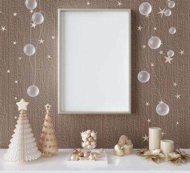 Model, şablon, yılbaşı süslemesi, resim çerçevesi, fotoğraf, poster, altın rengi parlak kağıt köknar ağaçları, çelenkler, 3D