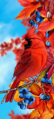 Sonbahar parlak renkli arka plan, sarı yaprakların dallarında oturan kırmızı kardinal kuş, olgun böğürtlen demetleri, mavi gökyüzü, güzel yeşillikler