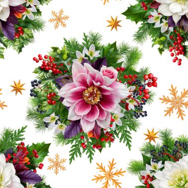 Noel 'de yeni yıl pürüzsüz desenleri, karadelik çiçekleri, köknar dalları, kırmızı parlak kış meyveleri, altın madalyalar, yıldızlar, kar taneleri, 3D rendeleme