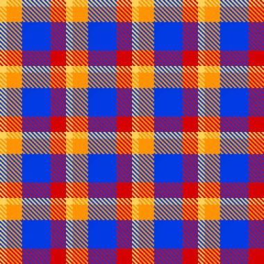 Gri, mavi, turuncu, terakotta, mor renklerde kusursuz tartan deseni.