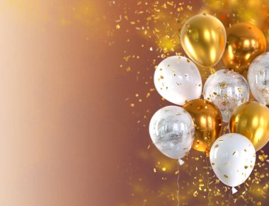 Şenlikli arka plan, renkli altın parıltısı ve gümüş beyaz balonlar, parıltı, uçan süs, konfeti, 3D görüntüleme