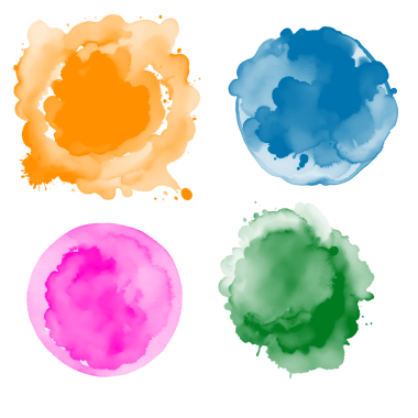 Renkli suluboya lekeleri, boya damlaları, mürekkep, beyaz arka planda izole edilmiş.