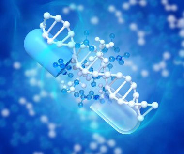 Tıbbi kavramsal arka plan, ilaç, DNA seviyesi yenilenmesi, kök hücreler, moleküller, 3D görüntüleme ile açılan kapsül