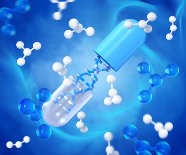 Tıbbi kavramsal arka plan, ilaç, DNA seviyesi yenilenmesi, kök hücreler, moleküller, 3D görüntüleme ile açılan kapsül