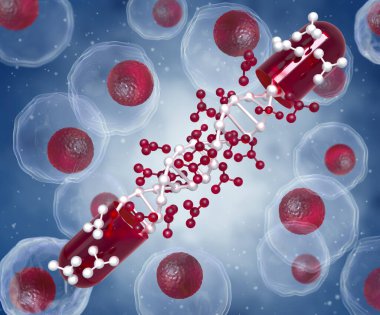 Tıbbi kavramsal arka plan, ilaç, DNA seviyesi yenilenmesi, kök hücreler, moleküller, 3D görüntüleme ile açılan kapsül