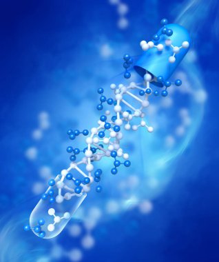 Tıbbi kavramsal arka plan, ilaç, DNA seviyesi yenilenmesi, kök hücreler, moleküller, 3D görüntüleme ile açılan kapsül
