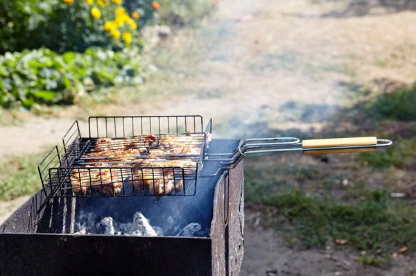 Izgarada Pişen Leziz Tavuk Kanatları Açık Havada Kızarmış Tavuk Eti — Stok fotoğraf