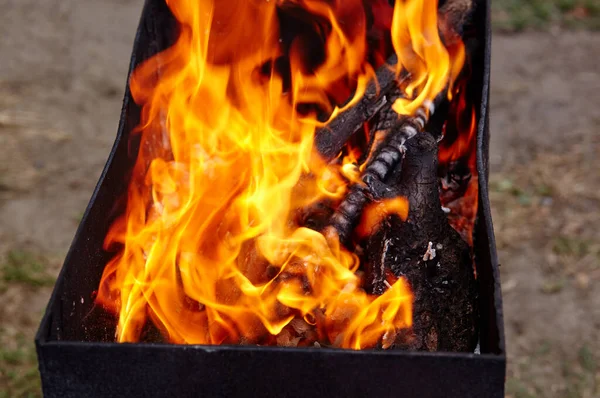 Yanan kırmızı kıvılcımlar ateşten uçar. Işıl ışıl yanan kömür ve yakacak odunları olan ızgara ızgarası.