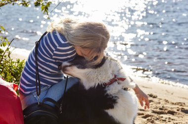 Plajda Sibirya laika köpeği olan bir adam. Bir köpekle bir kadının arkadaşlığı.