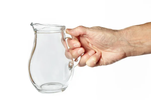 Mäns Hand Håller Glas Vatten Kanna Isolerad Vit Bakgrund Utrymme — Stockfoto