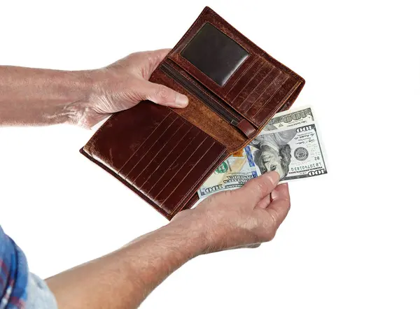 Männerhand Mit Ledergeldbörse Und Dollarschein Isoliert Auf Weißem Hintergrund Braunes — Stockfoto