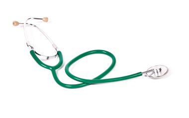 Steteskop beyaz arka planda izole edilmiş. Tıbbi araç, metin için boşluk